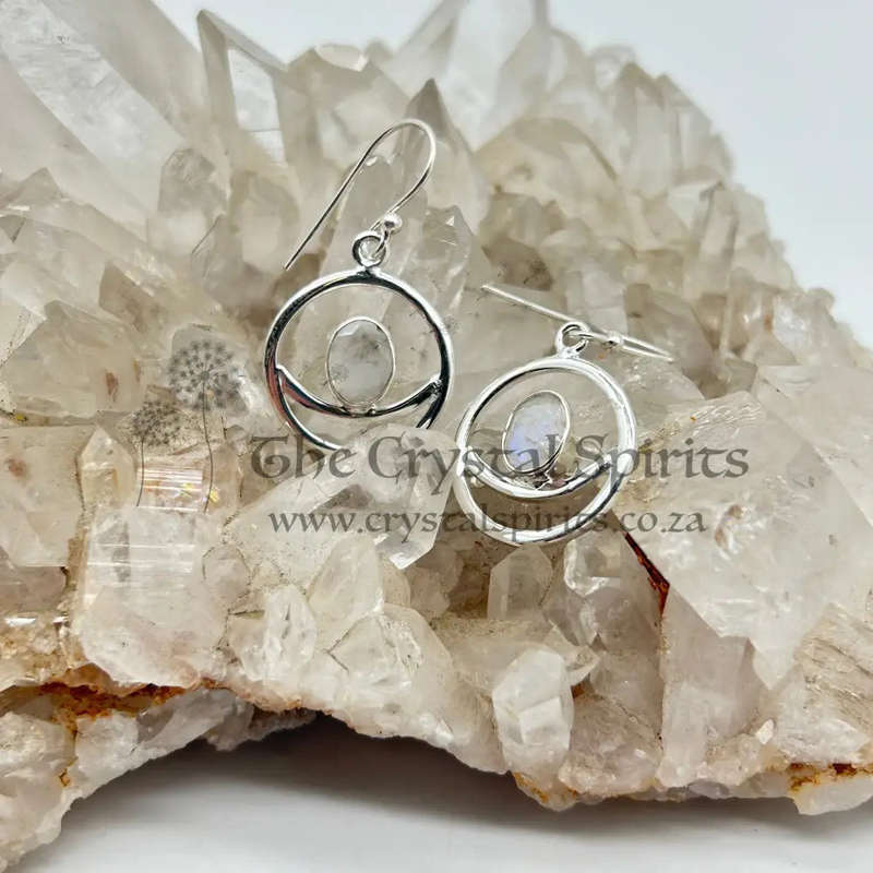 Modern Crescent Moon Moonstone Crystal Sterling Silver Earrings