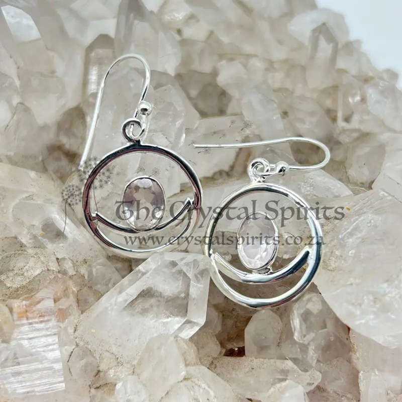 Modern Crescent Moon Rose Quartz Crystal Sterling Silver Ring