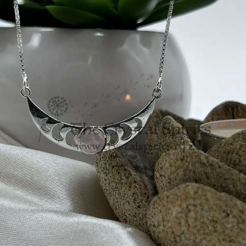 Moon Phase Sterling Silver Necklace With Rose Quartz