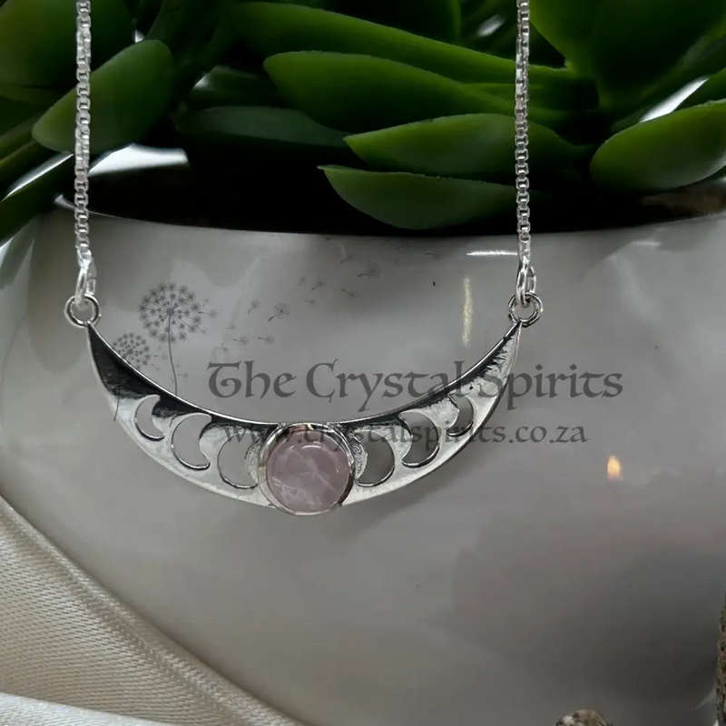 Moon Phase Sterling Silver Necklace With Rose Quartz