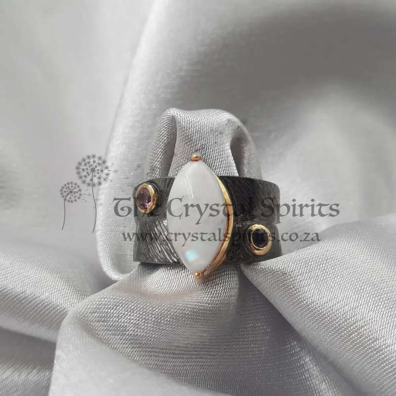 Moonstone Buckler Rhodium Plated Ring