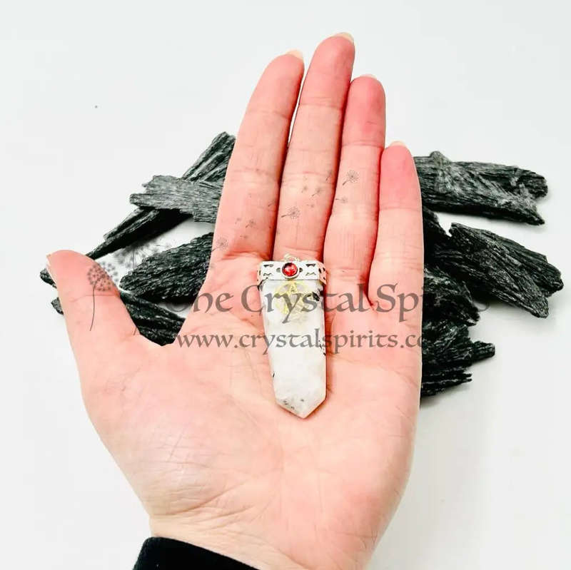 Moonstone Genuine Crystal Tabby Shaped White Metal Pendant With Pentacle