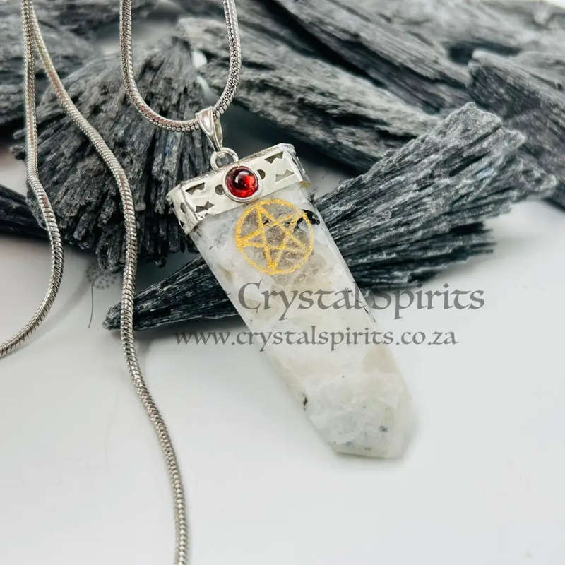 Moonstone Genuine Crystal Tabby Shaped White Metal Pendant With Pentacle