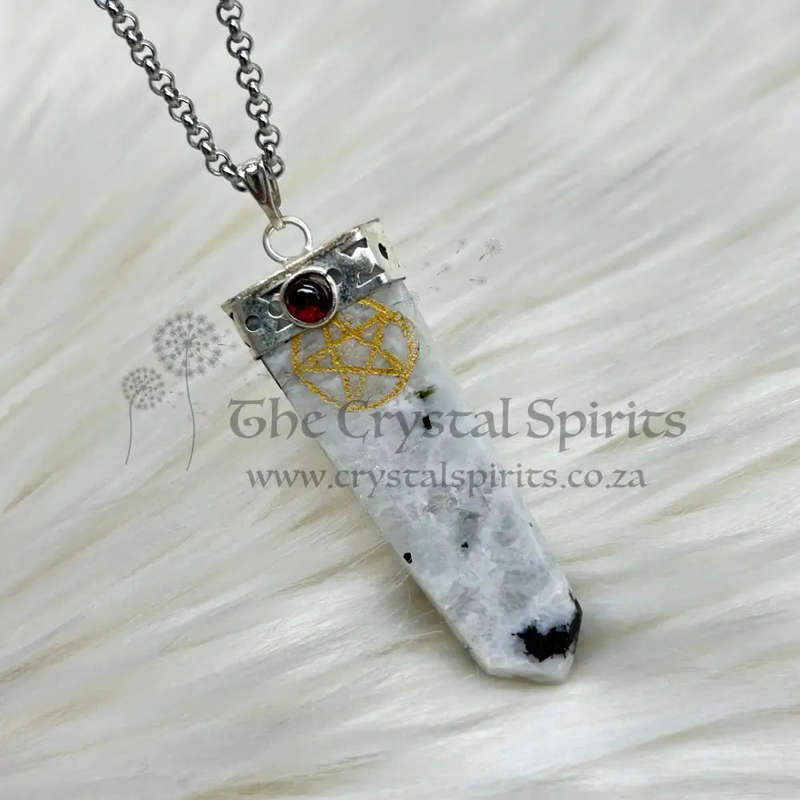 Moonstone Pentacle With Garnet Gemstone Tabby Crystal Pendant