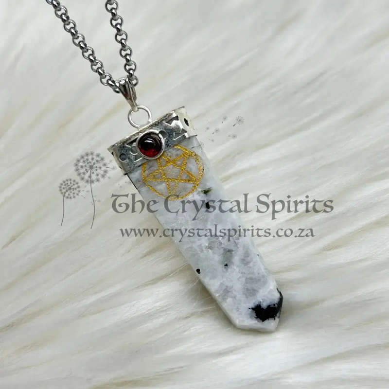 Moonstone Pentacle With Garnet Gemstone Tabby Crystal Pendant