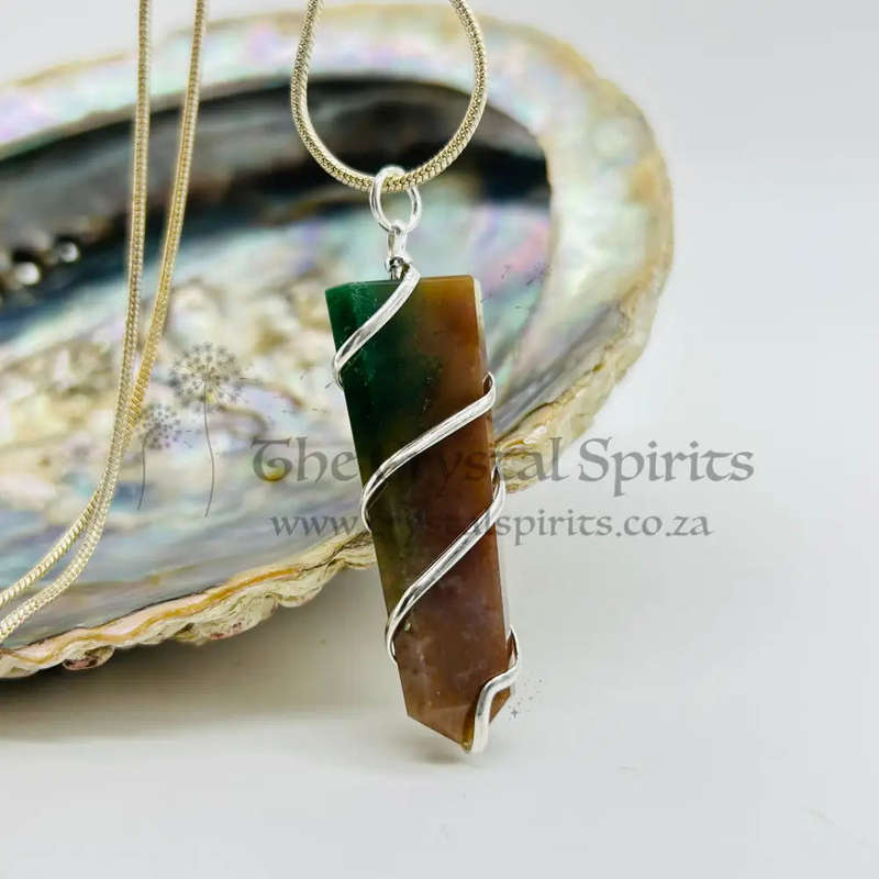 Moss Agate Crystal Flat Tongue Pendant