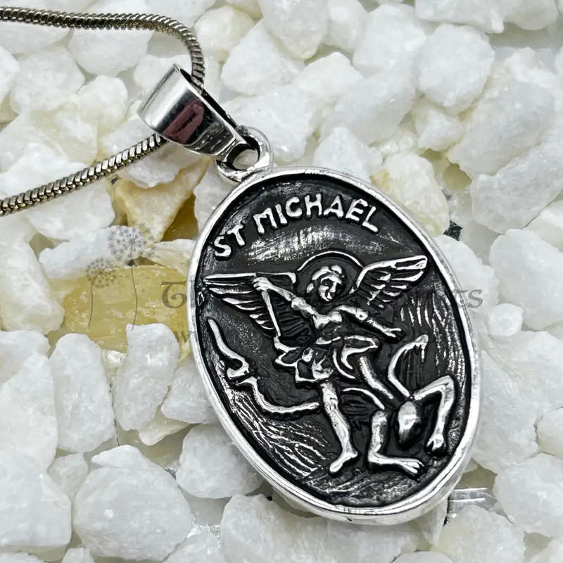 Oval Sterling Silver St Michael Guardian Angel Pendant