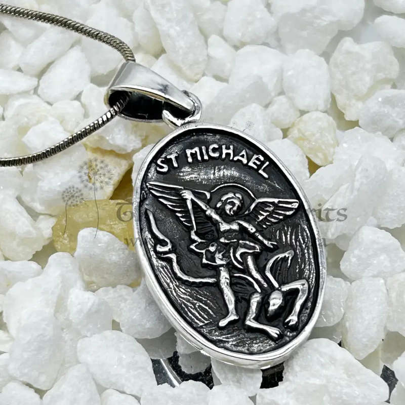 Oval Sterling Silver St Michael Guardian Angel Pendant