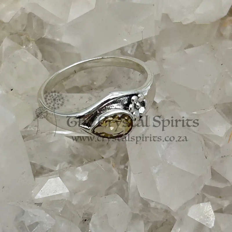 Pear Shaped Citrine Faceted Crystal Sterling Silver Ring