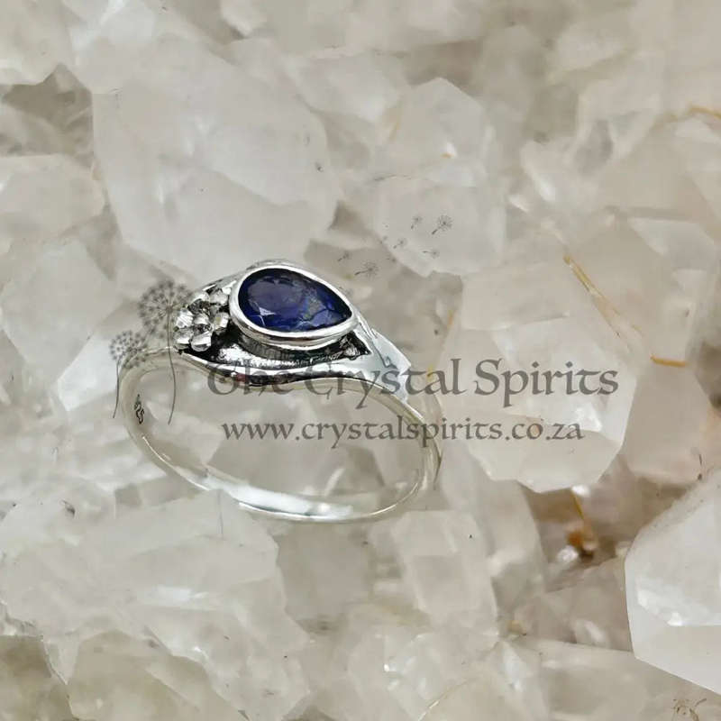 Pear Shaped Faceted Iolite Crystal Sterling Silver Ring