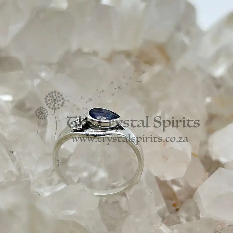 Pear Shaped Faceted Iolite Crystal Sterling Silver Ring