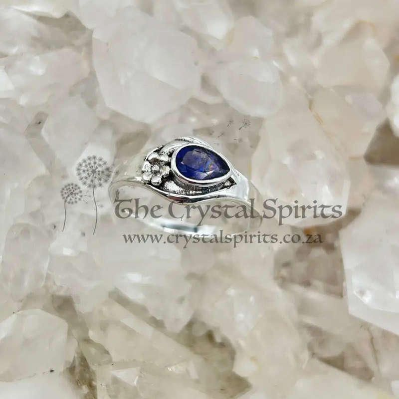 Pear Shaped Faceted Iolite Crystal Sterling Silver Ring