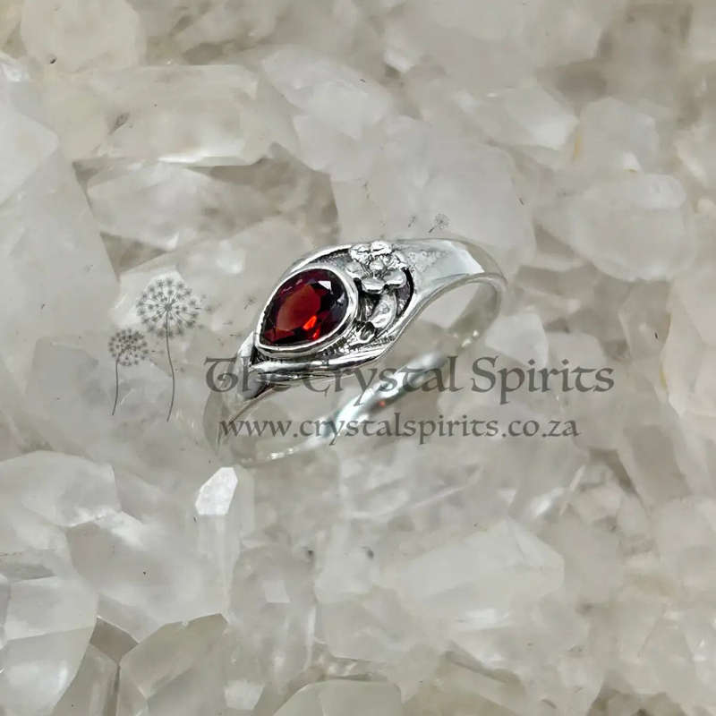 Pear Shaped Garnet Faceted Sterling Silver Ring