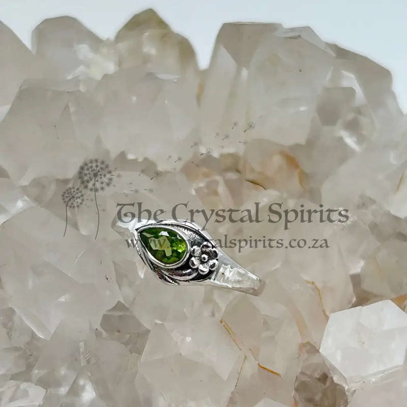 Pear Shaped Peridot Faceted Crystal Sterling Silver Ring