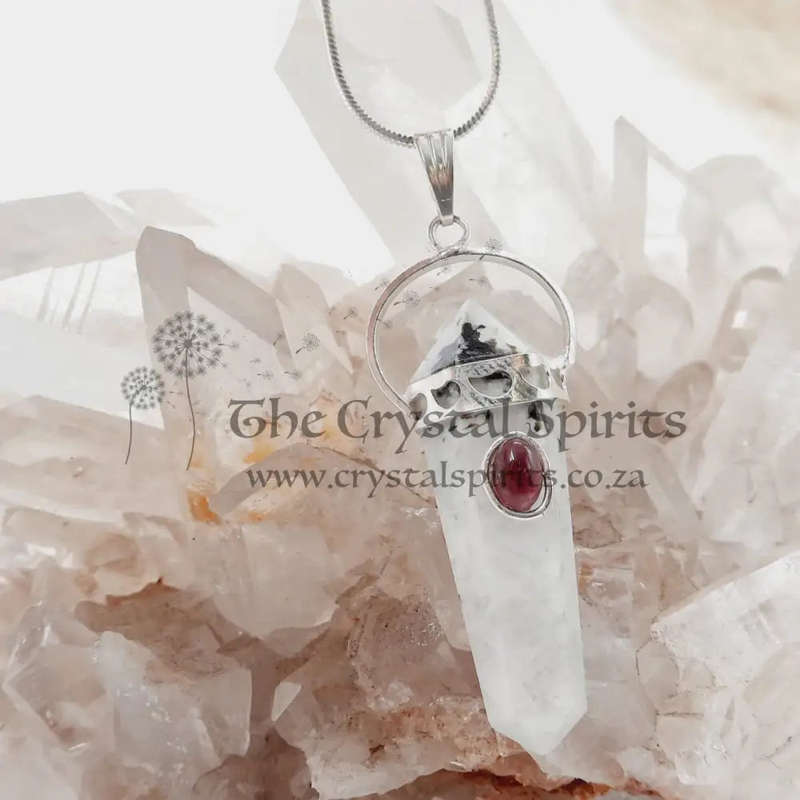 Rainbow Moonstone with Garnet Cabochon DT Crystal Pendant