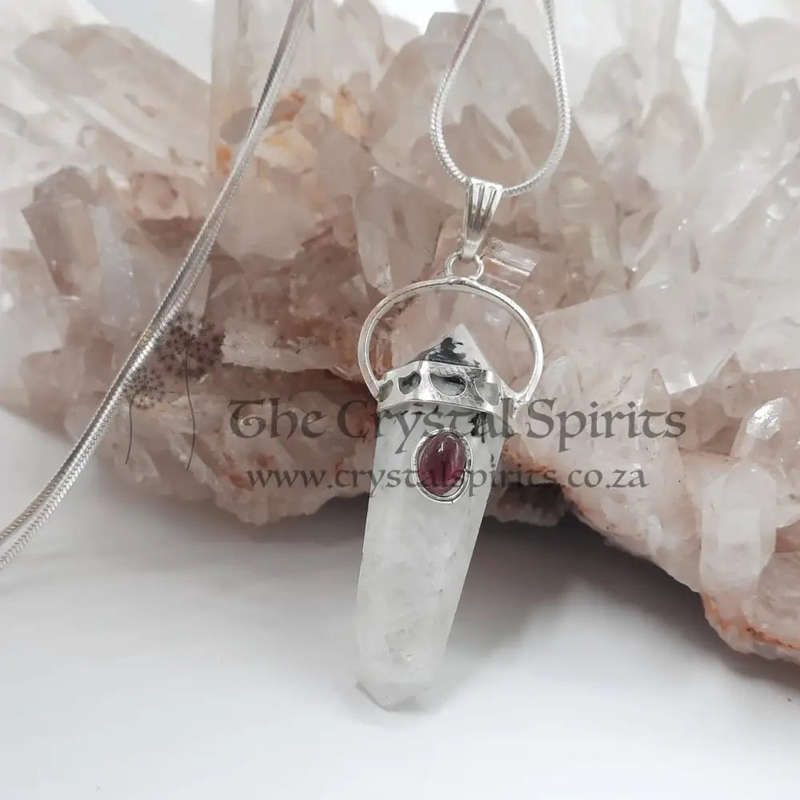 Rainbow Moonstone with Garnet Cabochon DT Crystal Pendant
