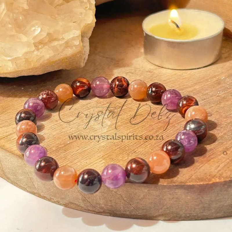 Red Tigers Eye, Amethyst & Peach Moonstone Triple Power Crystal Bracelet