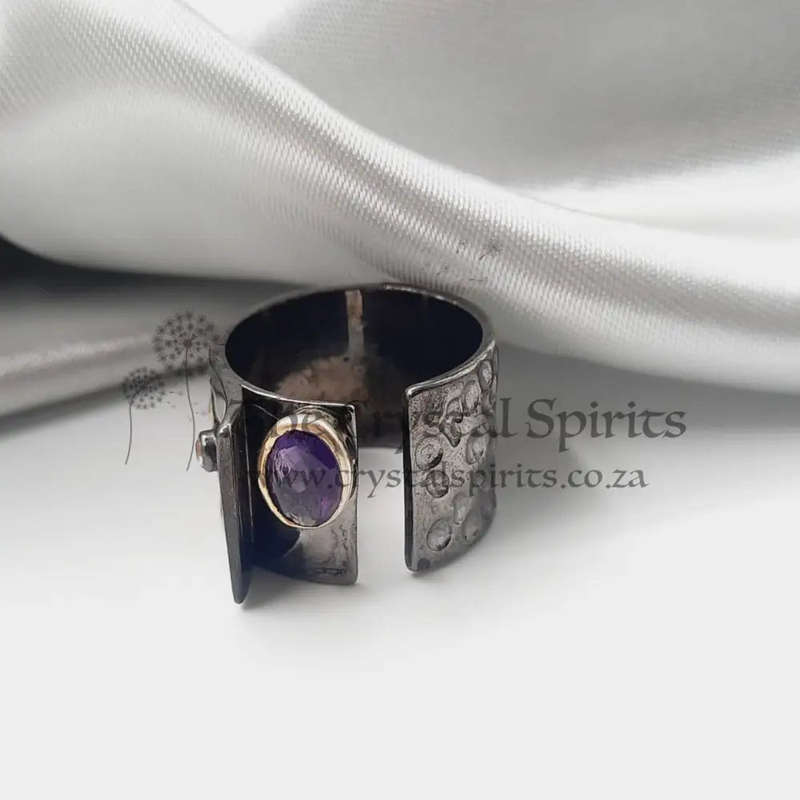 Rhodium Plated Sterling Silver Faceted Amethyst Crystal Ring