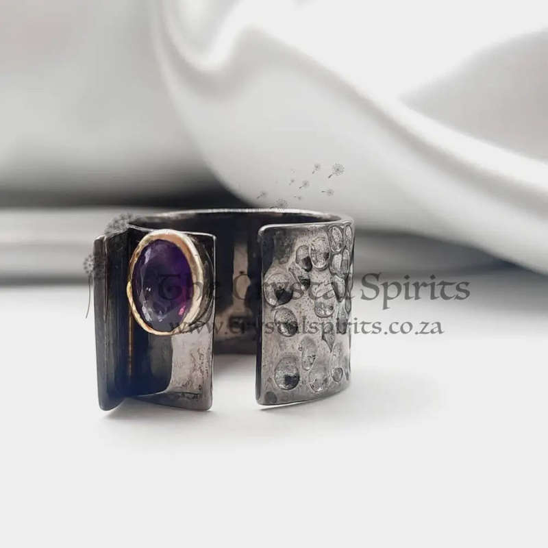 Rhodium Plated Sterling Silver Faceted Amethyst Crystal Ring