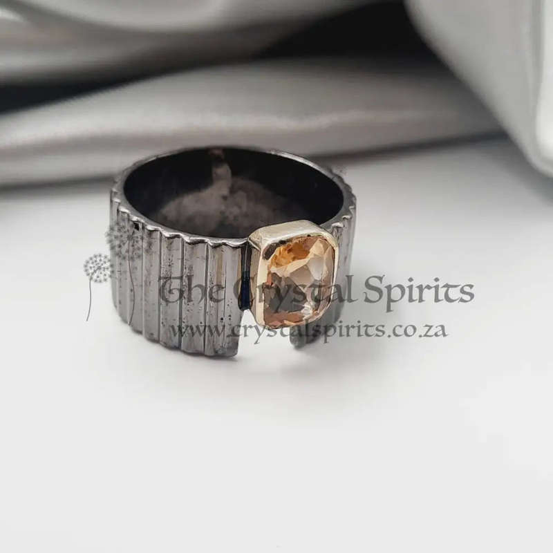 Rhodium Plated Sterling Silver Faceted Citrine Crystal Ring