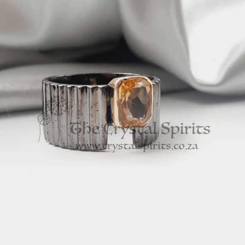 Rhodium Plated Sterling Silver Faceted Citrine Crystal Ring