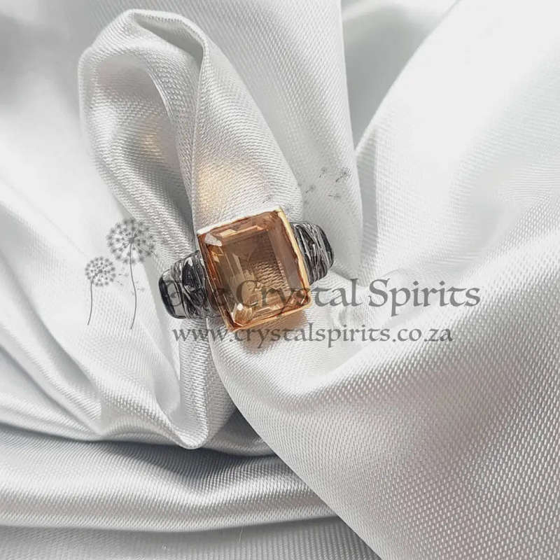 Rhodium Plated Sterling Silver Faceted Citrine Crystal Ring