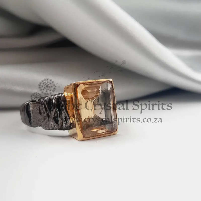 Rhodium Plated Sterling Silver Faceted Citrine Crystal Ring