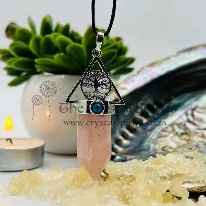 Rose Quartz Crystal Pendant with Tree of Life