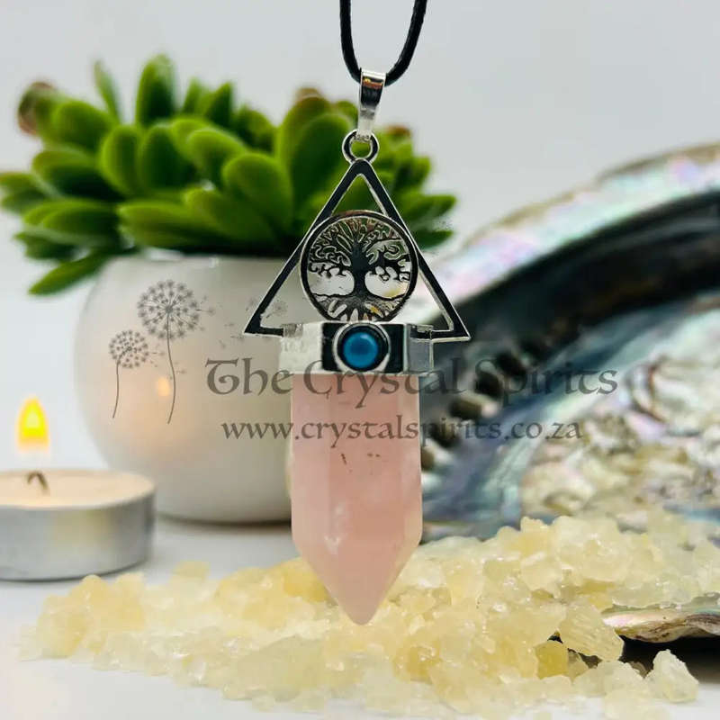 Rose Quartz Crystal Pendant with Tree of Life