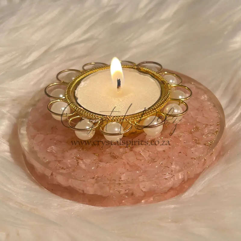 Rose Quartz Orgonite Tea-Light  Holder With Pearls