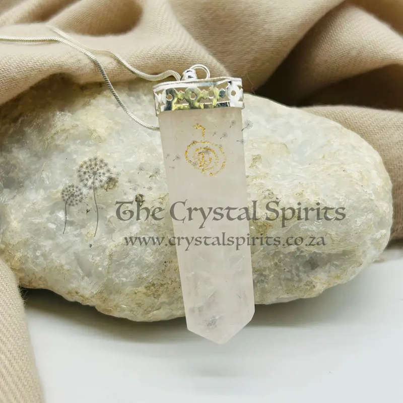 Rose Quartz Tabby White Metal Pendant With Reiki Symbol