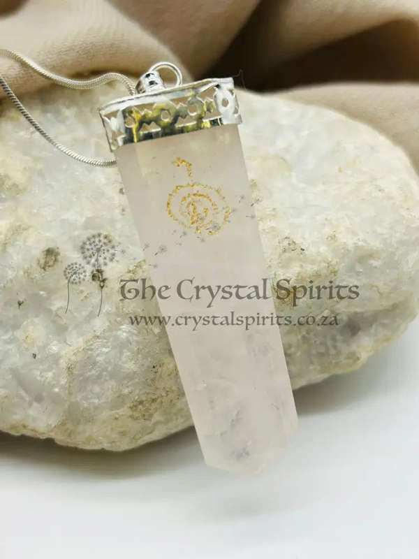 Rose Quartz Tabby White Metal Pendant With Reiki Symbol