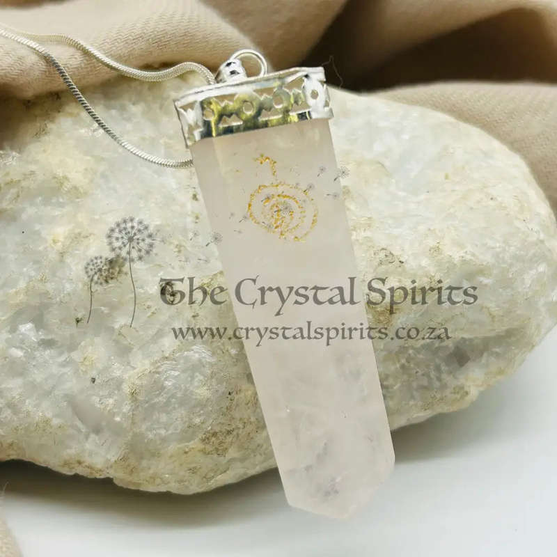 Rose Quartz Tabby White Metal Pendant With Reiki Symbol