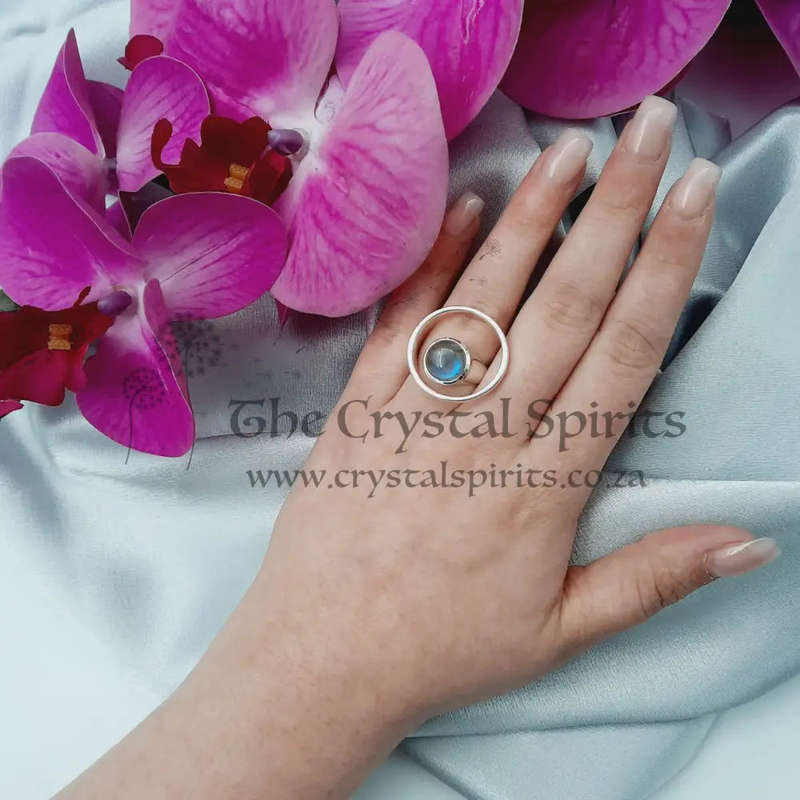 Round Floating Labradorite Crystal Sterling Silver Ring