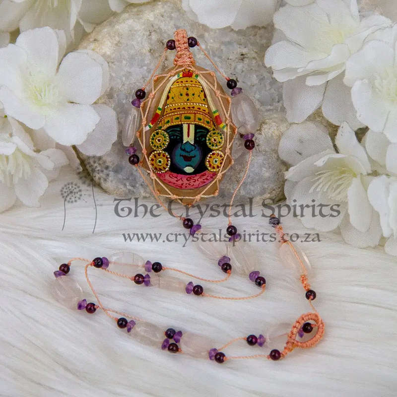 Sacred Deity Painted on Rose Quartz with Garnet, Amethyst and Rose Quartz Crystal Gemstone Beads