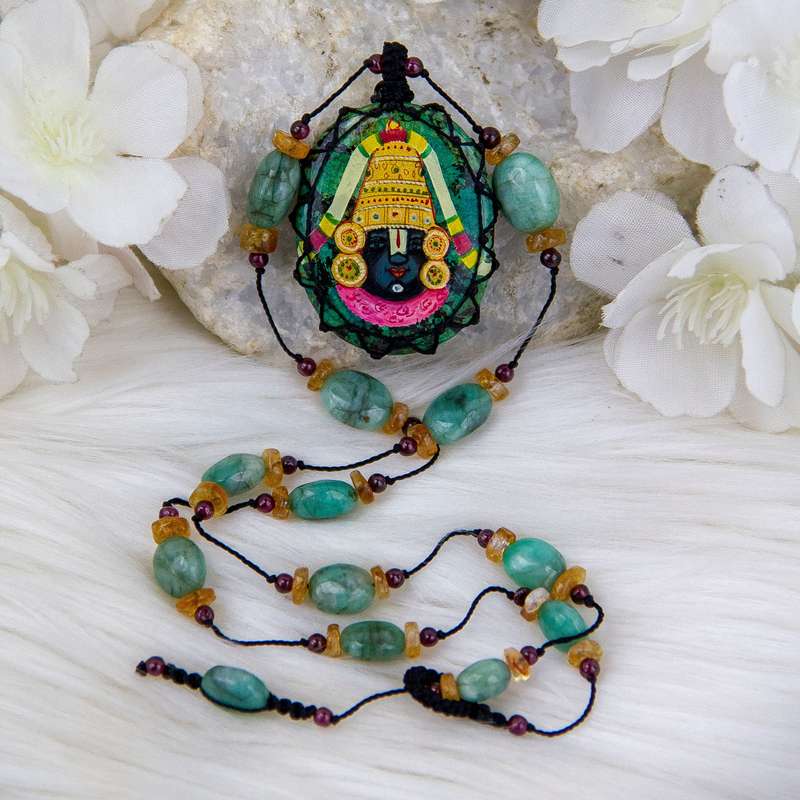Sacred Deity Painted on Tuquioise with Garnet, Citrine and Emerald Crystal Gemstone Beads