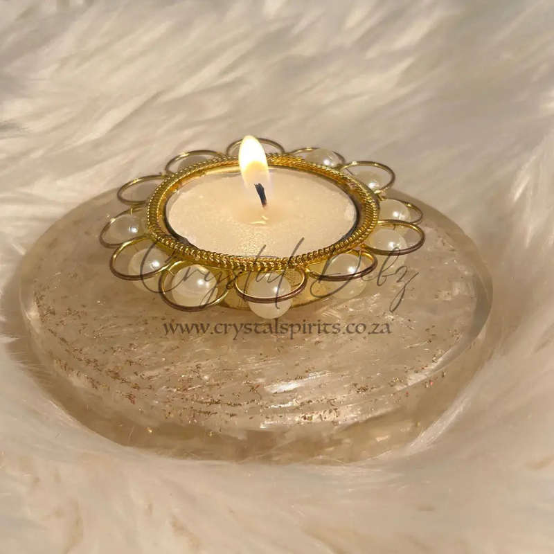Selenite Orgonite Tealight Holder With Pearls