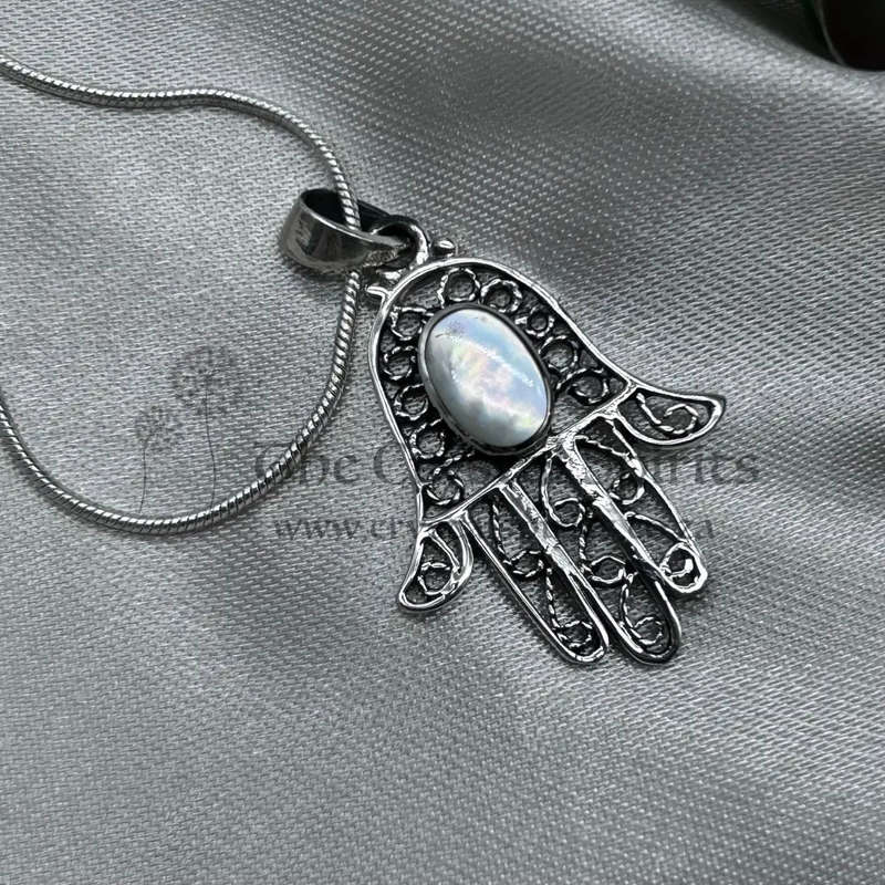 Shimmering Mother Of Pearl Hand Of Hamsa Sterling Silver Pendant