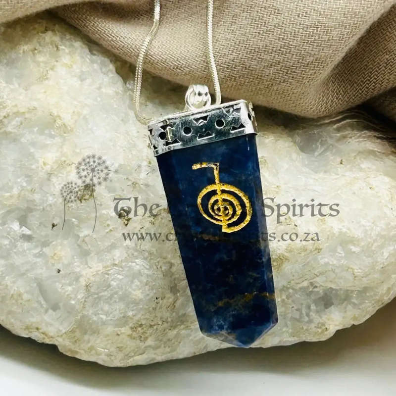 Sodalite Tabby White Metal Pendant With Reiki Symbol