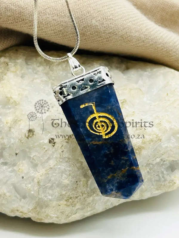 Sodalite Tabby White Metal Pendant With Reiki Symbol