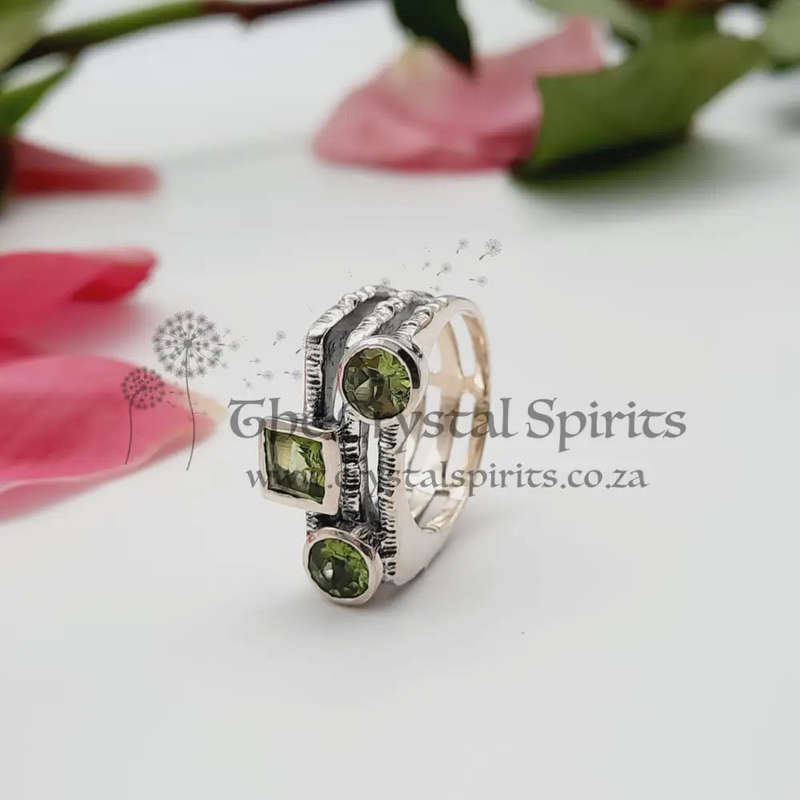 Sterling Silver 3 Stone Faceted Peridot Crystal Ring