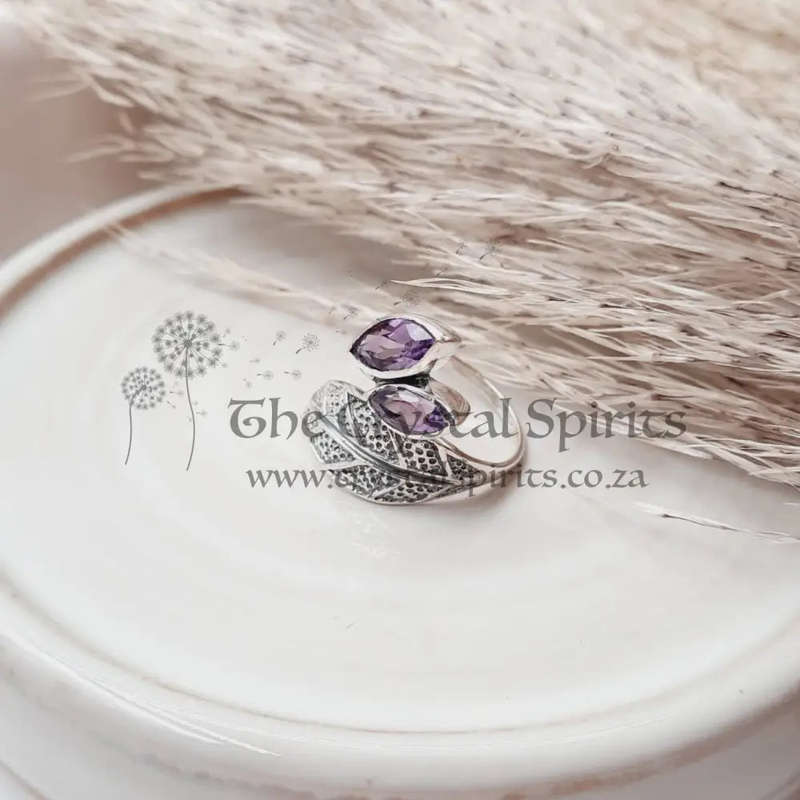 Sterling Silver Amethyst Crystal Leaf Design Ring