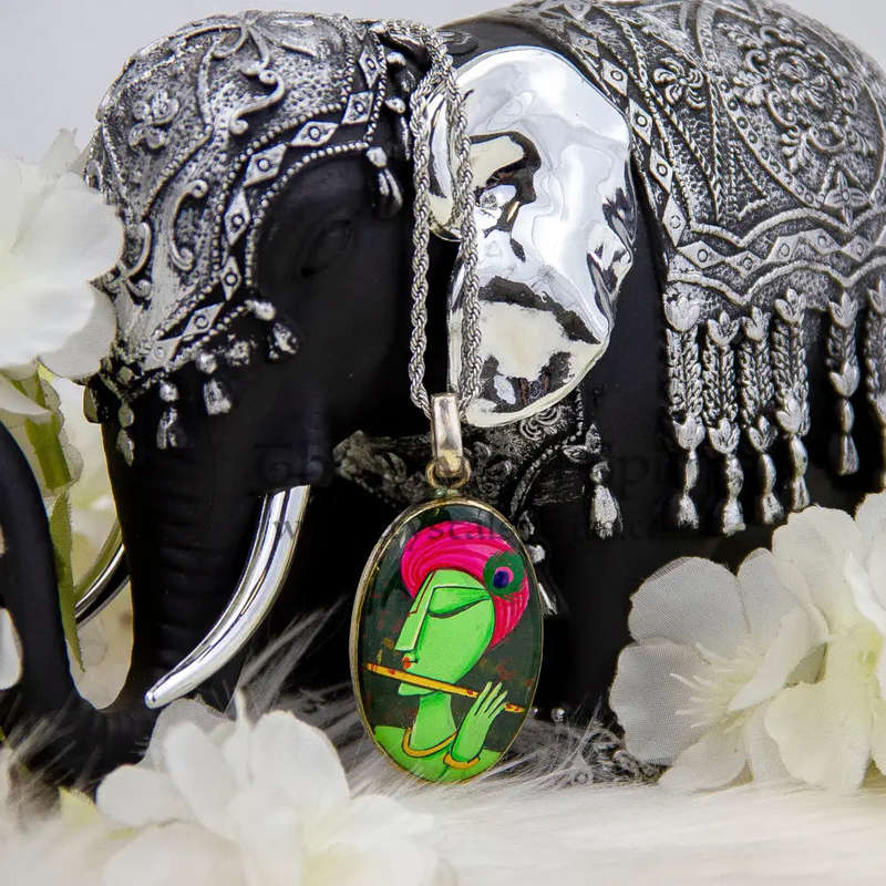 Sterling Silver Bloodstone Crystal Gemstone Pendant with hand-painted Lord Krishna Deity