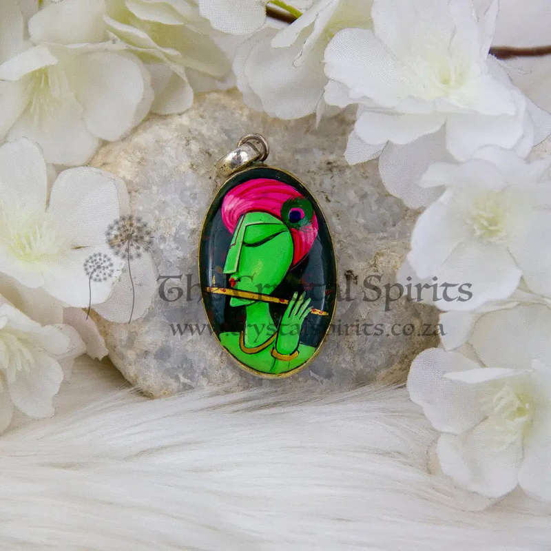 Sterling Silver Bloodstone Crystal Gemstone Pendant with hand-painted Lord Krishna Deity