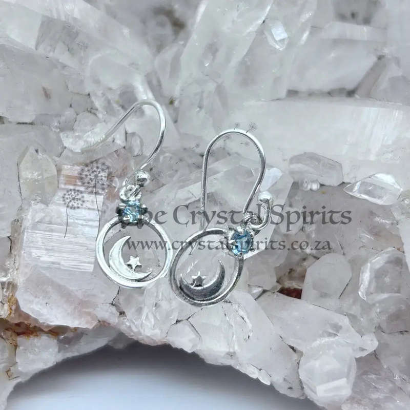 Sterling Silver Blue Topaz Moon And Star Earrings