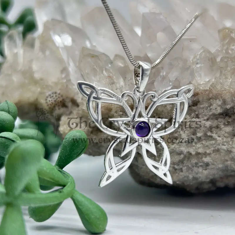 Sterling Silver Celtic Butterfly Amethyst Crystal Cabochon Pendant