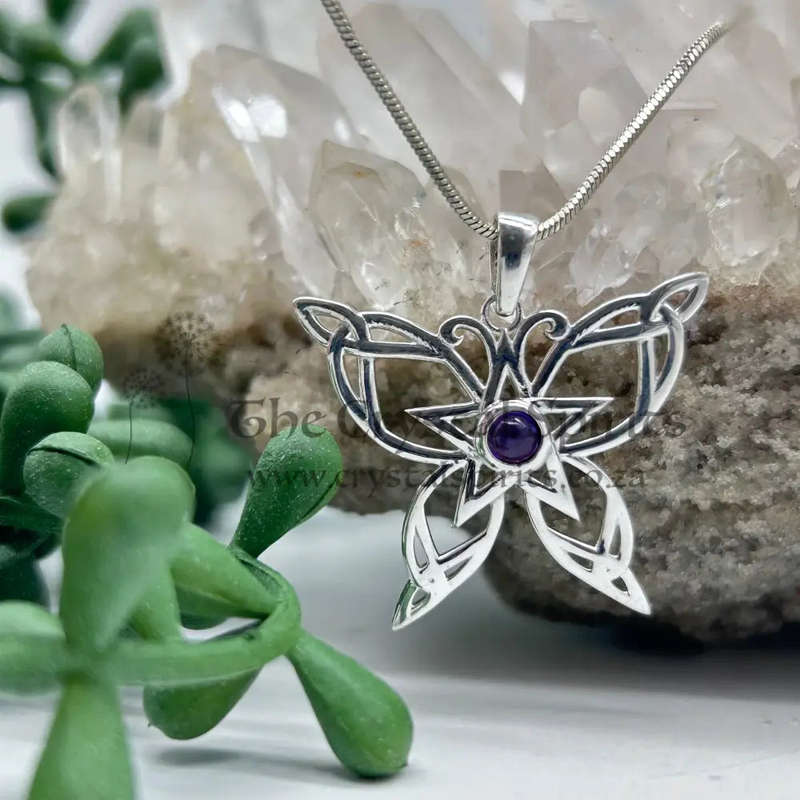 Sterling Silver Celtic Butterfly Amethyst Crystal Cabochon Pendant