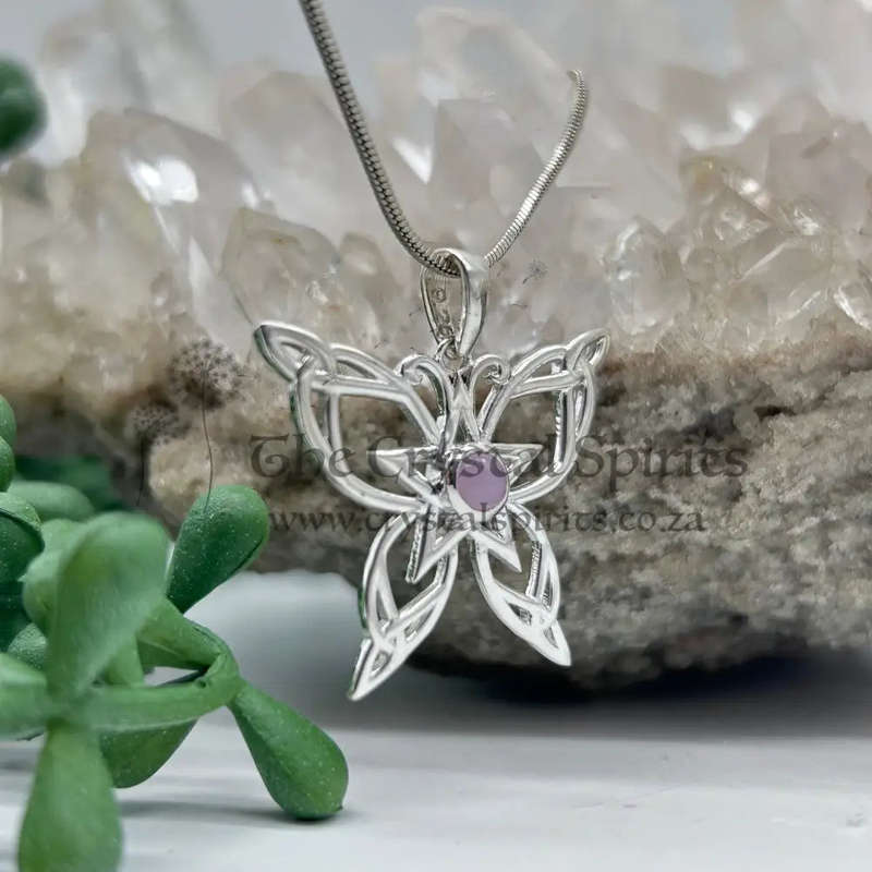 Sterling Silver Celtic Butterfly Rose Quartz Cabochon Crystal Pendant
