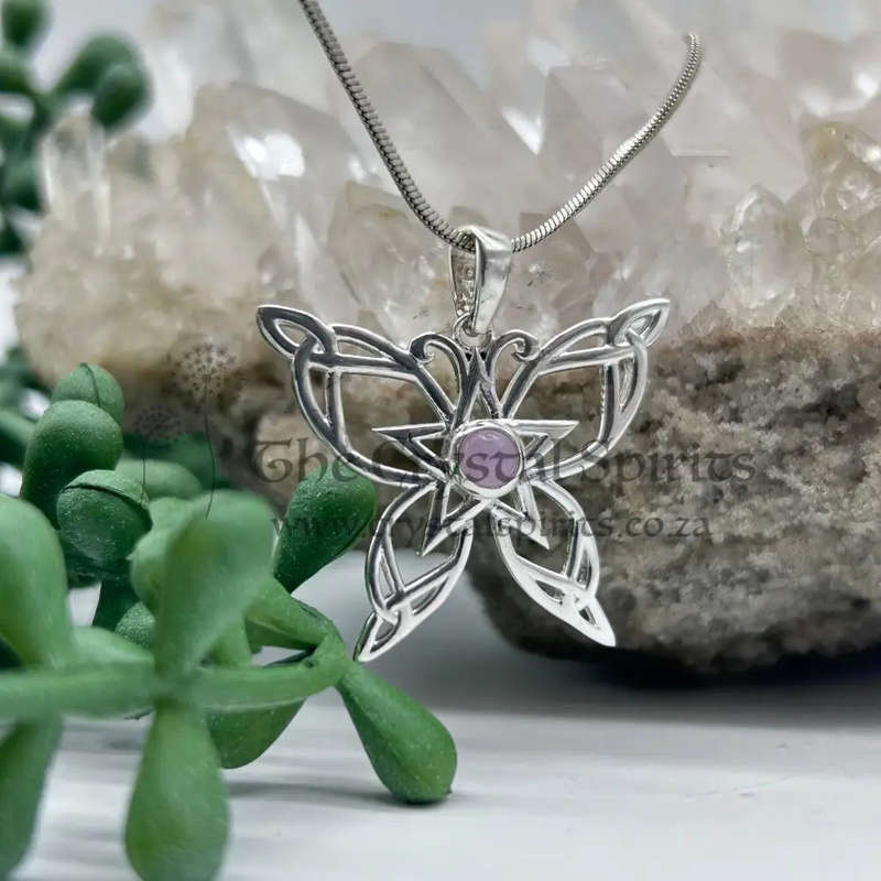 Sterling Silver Celtic Butterfly Rose Quartz Cabochon Crystal Pendant