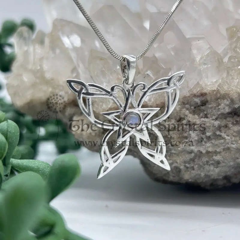 Sterling Silver Celtic Butterfly With Moonstone Cabochon Crystal Pendant